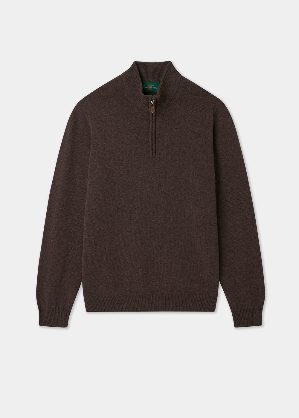 Dark brown quarter-zip jumper on a light grey background