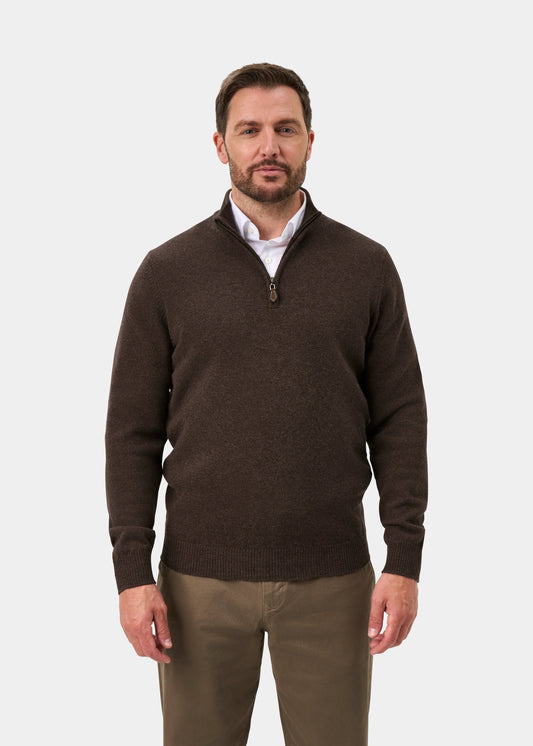 Sutherland Lambswool Quarter Zip Jumper In Mocha - Regular Fit