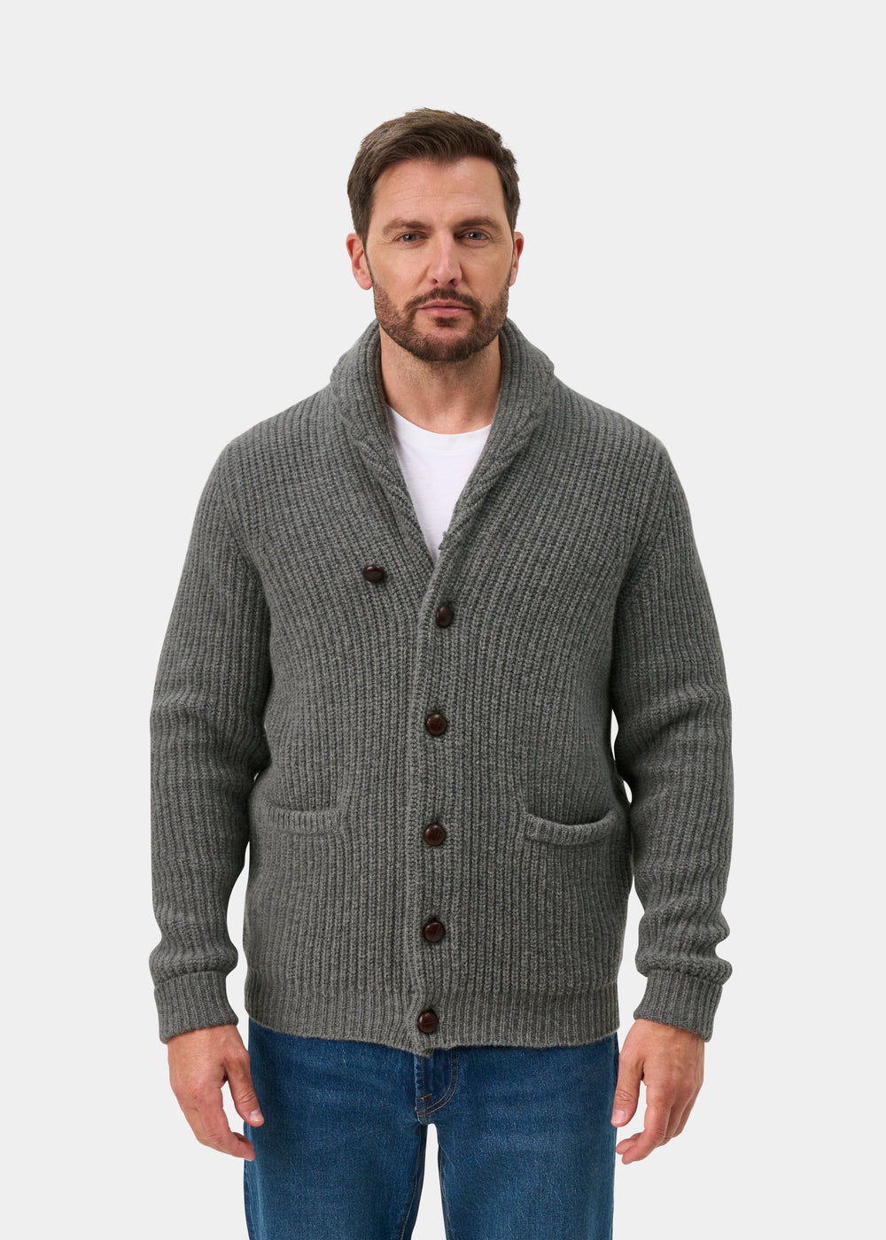 Usworth Lambswool Shawl Collar Jumper In Grey Mix - Regular Fit