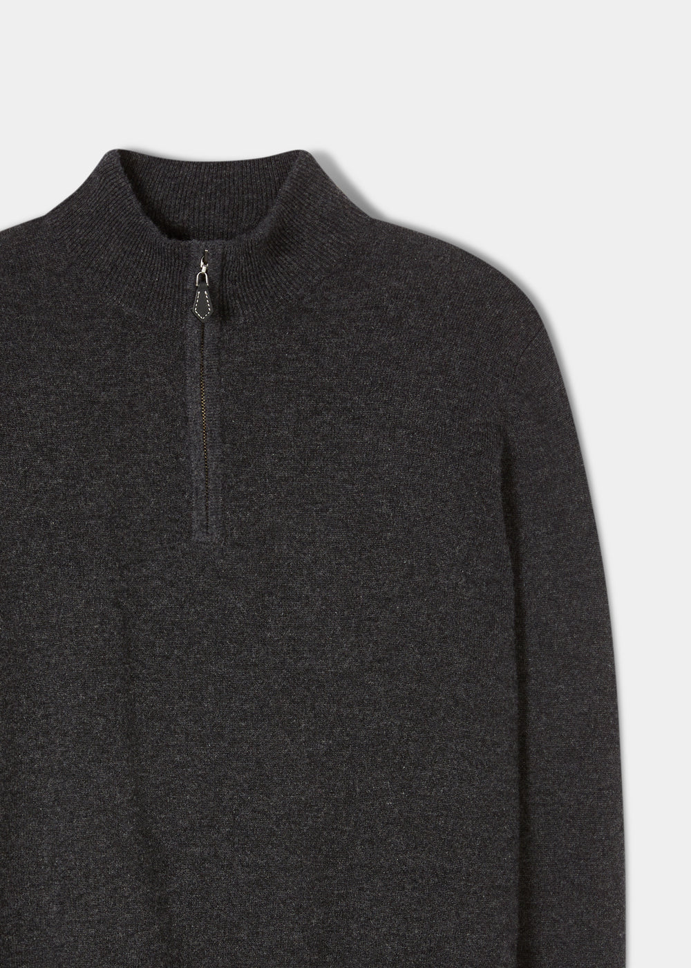Hanbury Pure Cashmere Quarter Zip Jumper in Charcoal, regular fit, features a 1/4 zip and stand-up collar.