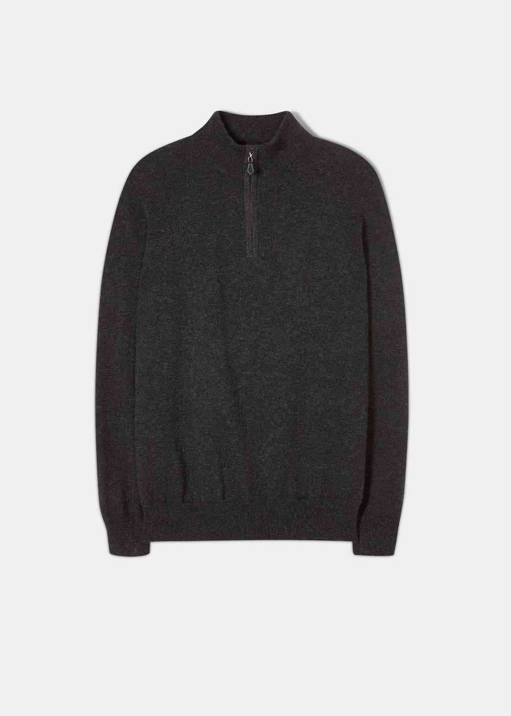 Hanbury Pure Cashmere Quarter Zip Jumper in charcoal, regular fit, mock neck, long sleeves, on a white background.
