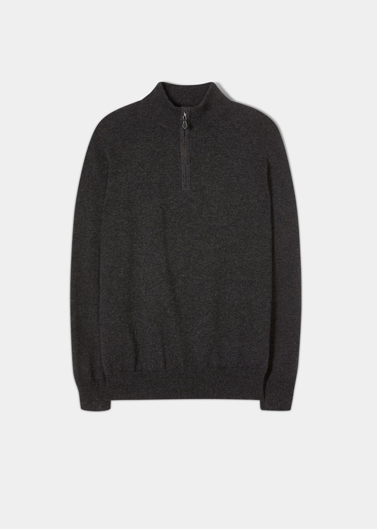 Hanbury Pure Cashmere Quarter Zip Jumper in charcoal, regular fit, mock neck, long sleeves, on a white background.