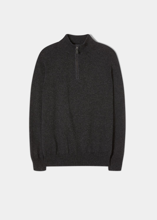 Hanbury Pure Cashmere Quarter Zip Jumper in charcoal, regular fit, mock neck, long sleeves, on a white background.