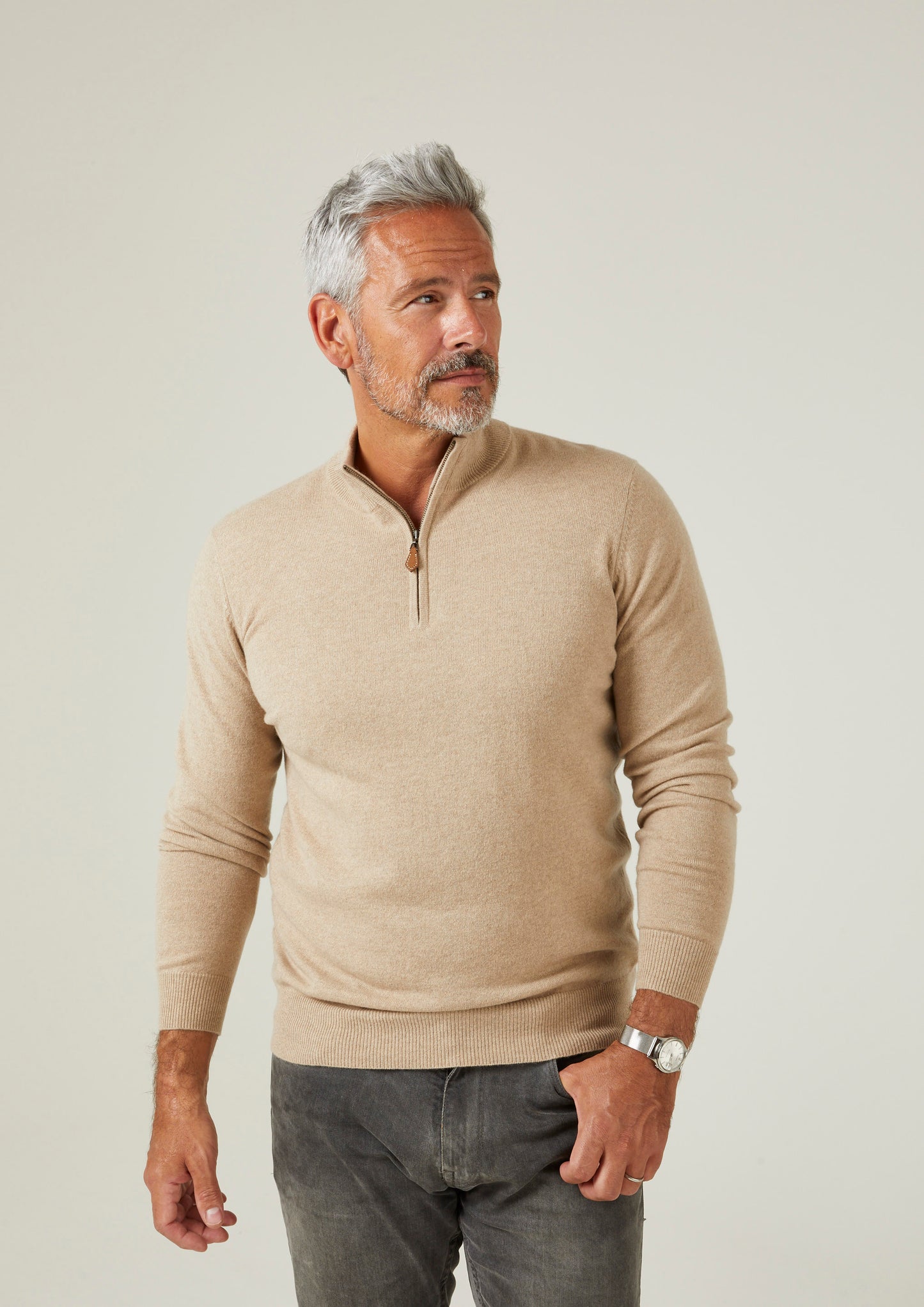 Jersey de lino con cuello alto y cremallera de cachemir de Hanbury - Corte estándar