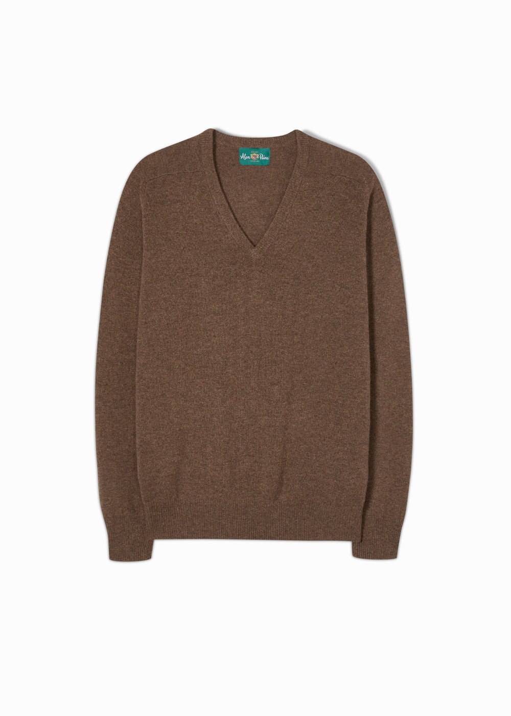 Hampshire Lambswool Vee Neck Jumper in Tobacco, classic fit, shown flat with long sleeves on a white background.