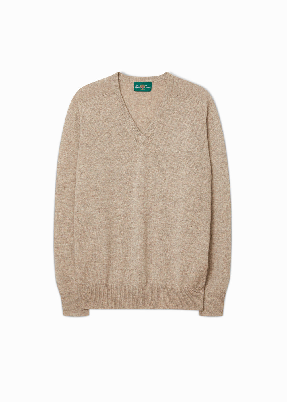 Hampshire Lambswool Vee Neck Jumper in Cobble, classic fit, laid flat on a white background.