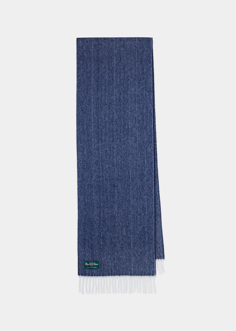 Kinross Cashmere Herringbone Scarf in Indigo with white fringe, subtle pattern, and green logo tag on one corner.